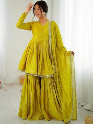 Yellow mal chanderi with mirror & hand work sharara suit 3