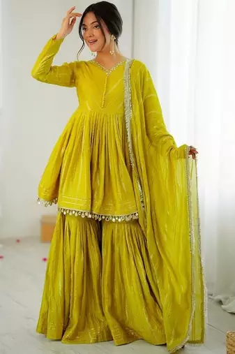 Yellow mal chanderi with mirror & hand work sharara suit