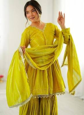 Yellow mal chanderi with mirror & hand work sharara suit 4