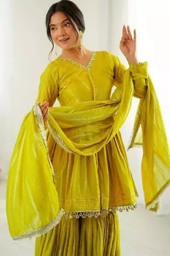 Yellow mal chanderi with mirror & hand work sharara suit
