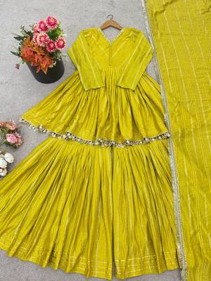 Yellow mal chanderi with mirror & hand work sharara suit 5