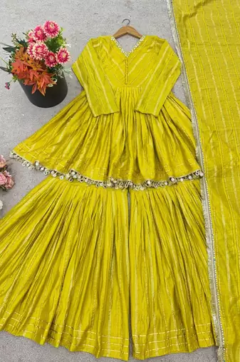 Yellow mal chanderi with mirror & hand work sharara suit