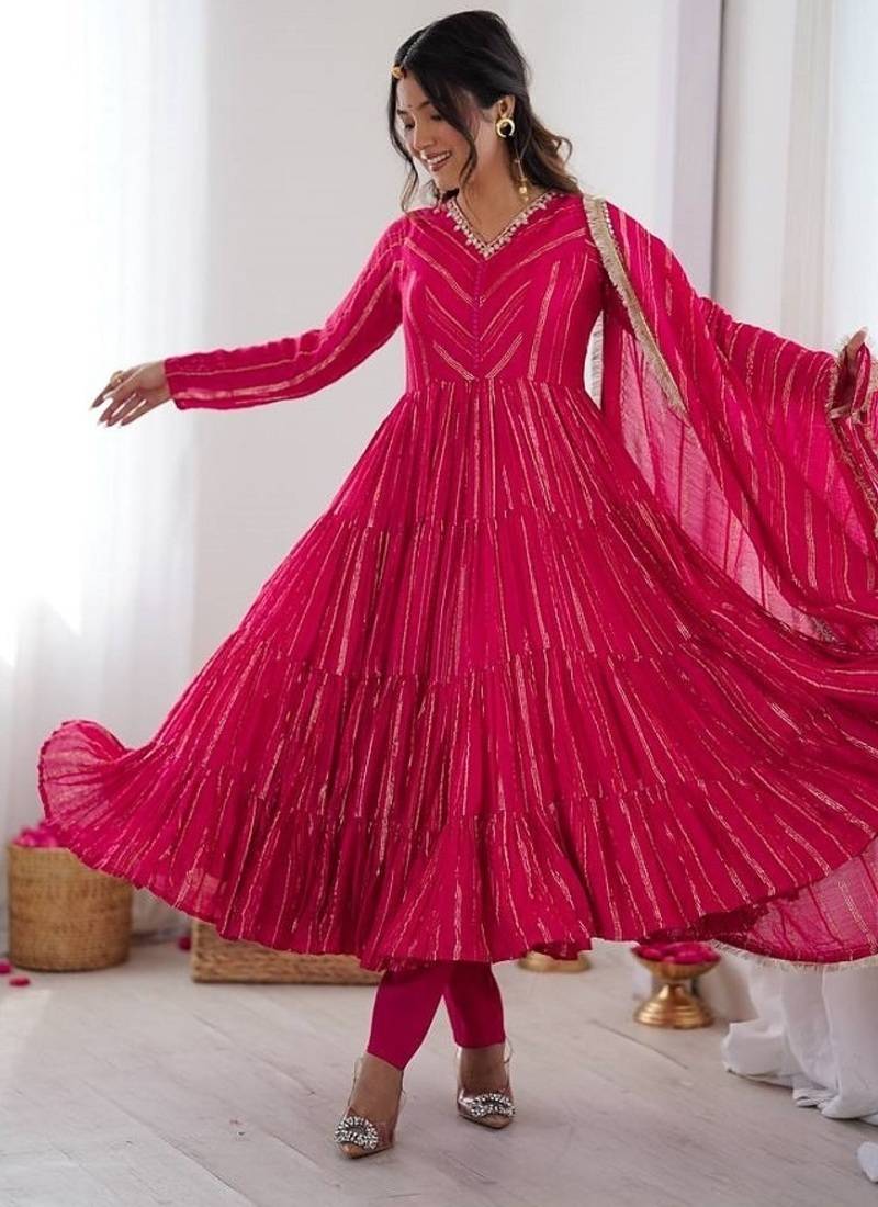Ranipink mal chanderi real mirror with handwork wedding anarkali suit