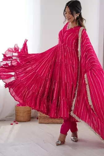 Ranipink mal chanderi mirror with hand anarkali suit