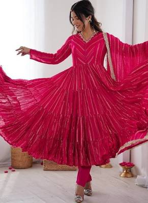 Ranipink mal chanderi mirror with hand anarkali suit 3