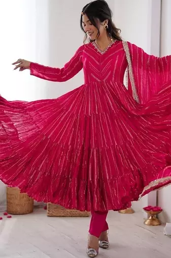 Ranipink mal chanderi mirror with hand anarkali suit