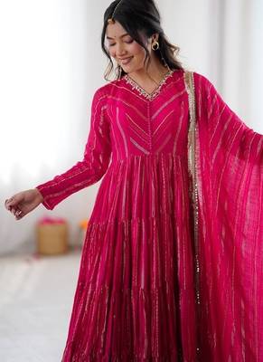 Ranipink mal chanderi mirror with hand anarkali suit 4