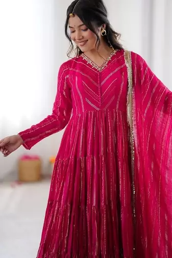 Ranipink mal chanderi mirror with hand anarkali suit