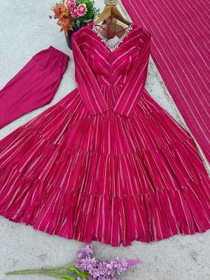Ranipink mal chanderi mirror with hand anarkali suit 5