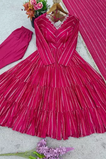 Ranipink mal chanderi mirror with hand anarkali suit