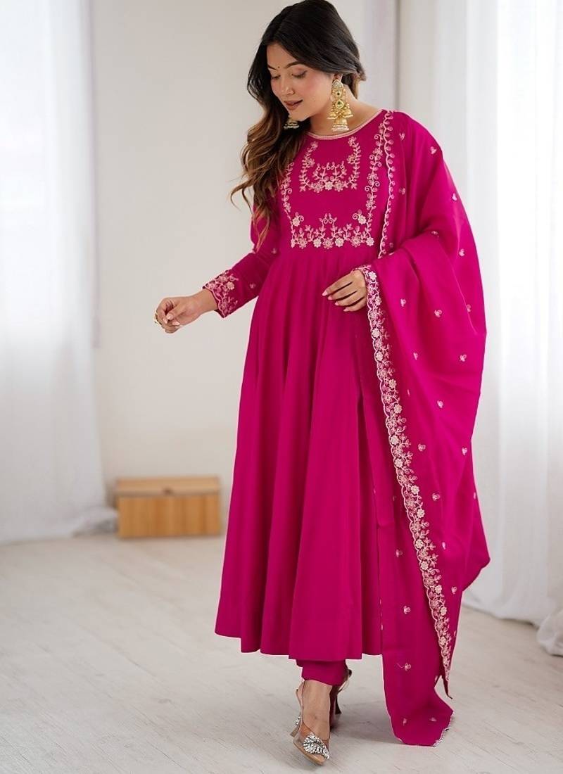 Ranipink pure roman shimmer chanderi beads work anarkali suit