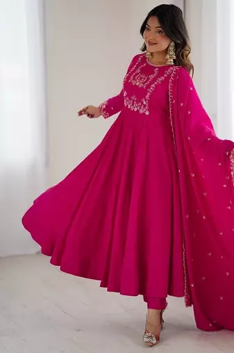 Ranipink roman shimmer chanderi beads work anarkali suit
