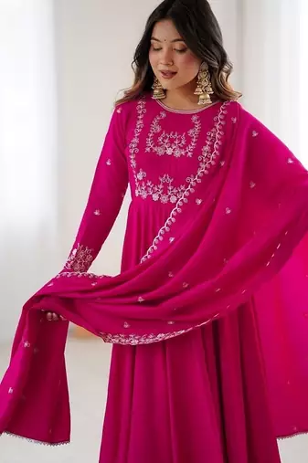 Ranipink roman shimmer chanderi beads work anarkali suit