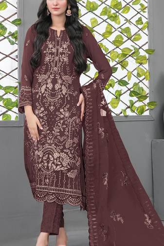 Maroon fox georgette semi stiutched suit with embroidery sequence work