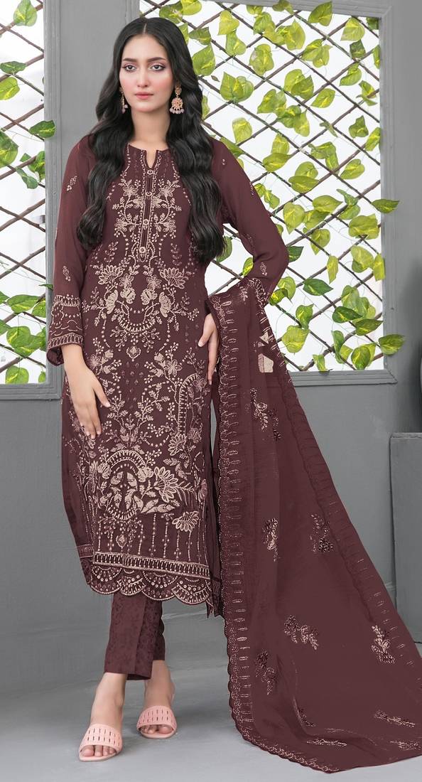Maroon fox georgette semi stiutched suit with embroidery sequence work
