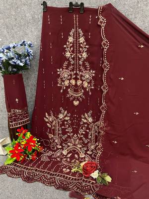 Maroon fox georgette semi stiutched suit with embroidery sequin  2