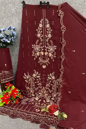 Maroon fox georgette semi stiutched suit with embroidery sequin 