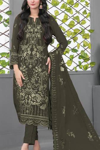 Mehendi fox georgette semi stiutched suit with embroidery sequence work