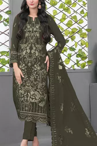 Mehendi fox georgette semi stiutched suit with embroidery sequence work