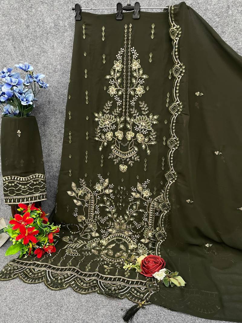 Mehendi fox georgette semi stiutched suit with embroidery sequence work