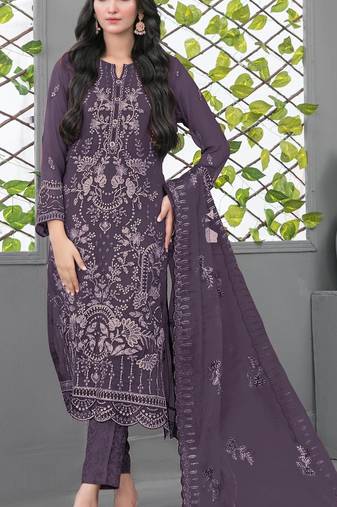 D lavender fox georgette semi stiutched suit with embroidery sequence work