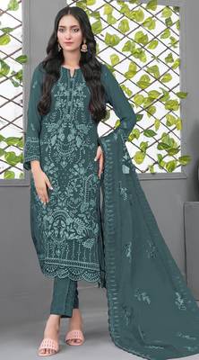 Blue fox georgette semi stiutched suit with embroidery sequin  1