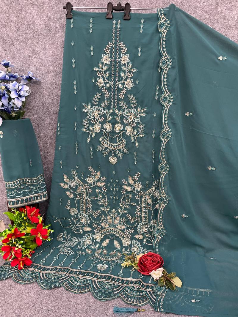Blue fox georgette semi stiutched suit with embroidery sequence work