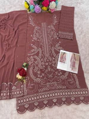 Brown fox georgette semi stiutched suit with embroidery sequenc & khatli  2