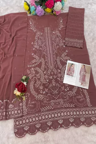 Brown fox georgette semi stiutched suit with embroidery sequenc & khatli 