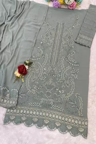 Sky blue fox georgette semi stiutched suit with embroidery sequenc & khatli 