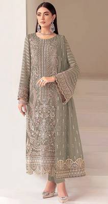 Mehendi fox georgette semi stiutched suit with embroidery sequenc & khatli  1