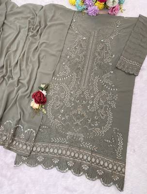 Mehendi fox georgette semi stiutched suit with embroidery sequenc & khatli  2