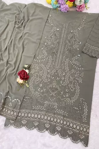 Mehendi fox georgette semi stiutched suit with embroidery sequenc & khatli 