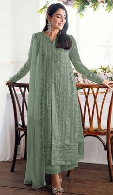 Teal green fox georgette semi stiutched suit with embroidery sequenc & khatli  1