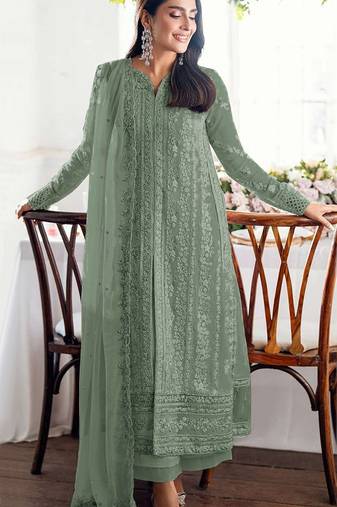 Teal green fox georgette semi stiutched suit with embroidery sequenc & khatli work