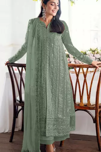 Teal green fox georgette semi stiutched suit with embroidery sequenc & khatli work