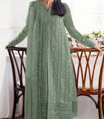 Teal green fox georgette semi stiutched suit with embroidery sequenc & khatli work