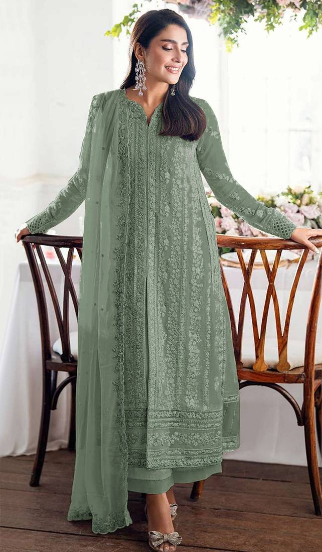 Teal green fox georgette semi stiutched suit with embroidery sequenc & khatli work