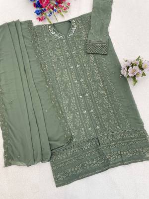 Teal green fox georgette semi stiutched suit with embroidery sequenc & khatli  2