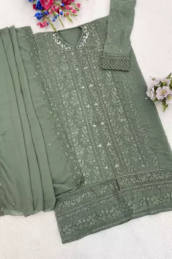 Teal green fox georgette semi stiutched suit with embroidery sequenc & khatli 