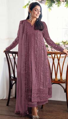 Purple fox georgette semi stiutched suit with embroidery sequenc & khatli  1