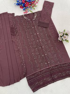 Purple fox georgette semi stiutched suit with embroidery sequenc & khatli  2