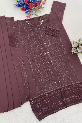 Purple fox georgette semi stiutched suit with embroidery sequenc & khatli 