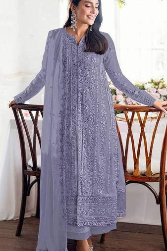 Lavender fox georgette semi stiutched suit with embroidery sequenc & khatli work