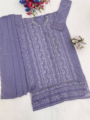 Lavender fox georgette semi stiutched suit with embroidery sequenc & khatli  2