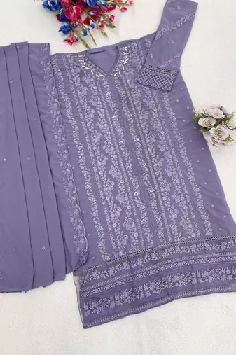 Lavender fox georgette semi stiutched suit with embroidery sequenc & khatli 