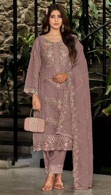 Peach fox georgette semi stiutched suit with embroidery sequenc & khatli  1