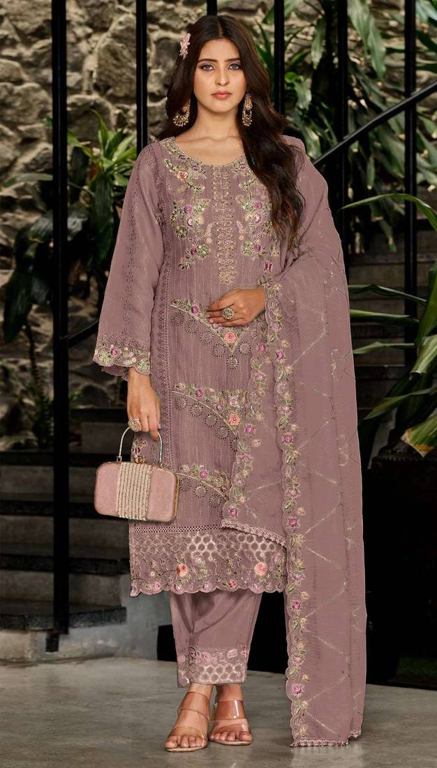 Peach fox georgette semi stiutched suit with embroidery sequenc & khatli work