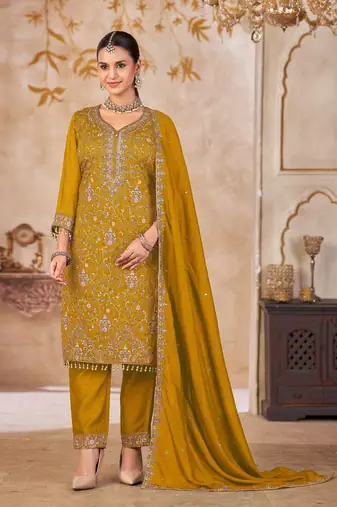 Mustard vichitra silk readymade suit with embroidered lace 