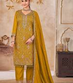Mustard vichitra silk readymade suit with embroidery & lace work